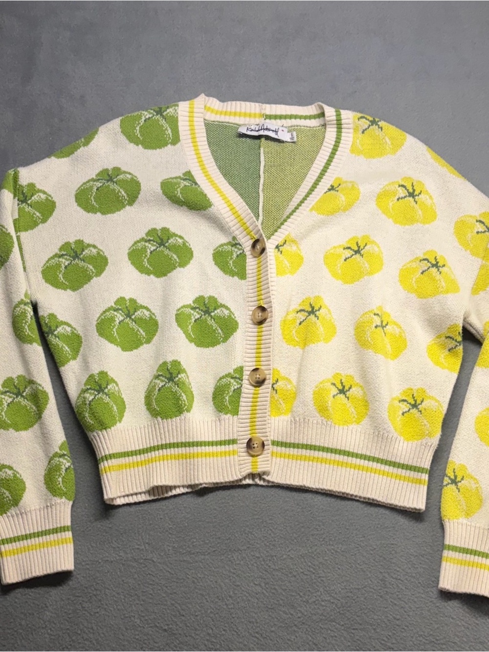 Rachel Antonoff Tomato-Print Cropped Cardigan Sweater in Yellow & Green Size S